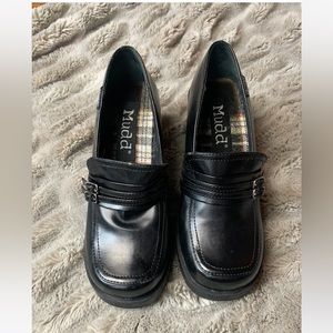 Vintage 90s Y2K Mudd Black Loafers Chunky Block Heel Square Toe Size 8 Shoes